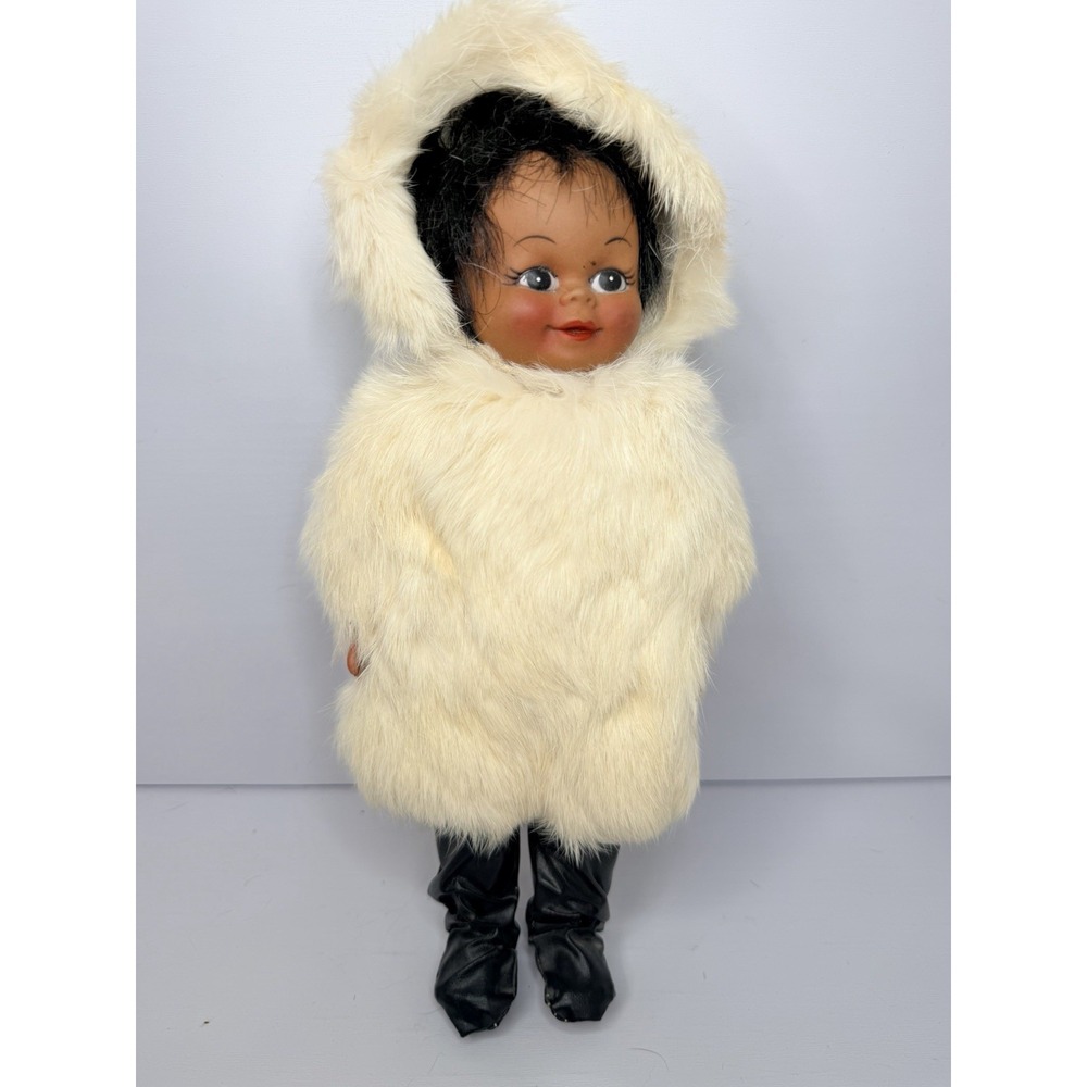 Vintage Eskimo Doll Native Alaskan White Real Fur Parka & Boots 10"